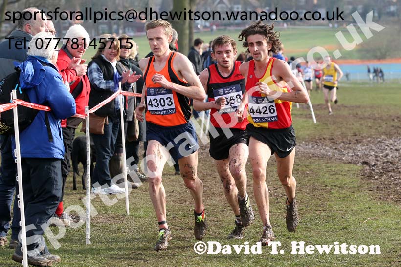 4303 Steve Vernon (Greater Manchester), 4426 Richard Goodman (Middlesex) and Dewi Griffiths (West Wales) lead the senior mens Inter Counties Cross Country, Cofton Park, Birmingham. Photo: David T. Hewitson/Sports for All Pics